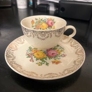 Cream Floral Teacup & Saucer Set with Pink and Yellow Cross-Stitch Motif